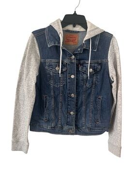 Levis Junior  Gray Hoodie Sweatshirt Blue Denim Trucker Jacket size Large